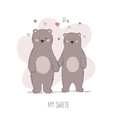 Hand drawn couple of love bears with little red hearts.
