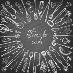 Set of silhouette kitchen tools and set of different hand drawn food elements on the blackboard. Doodle style. Set of Cutlery. Retro vintage style. Vector illustration.