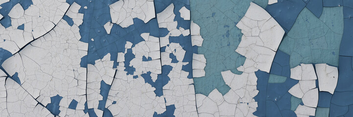 Peeling paint on the wall. Panorama of a concrete wall with old cracked flaking paint. Weathered rough painted surface with patterns of cracks and peeling. Wide panoramic grungy texture for background