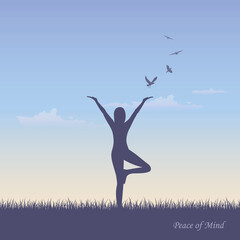 girl makes yoga on summer meadow vector illustration EPS10