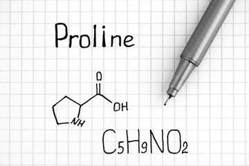 Chemical formula of Proline with pen.