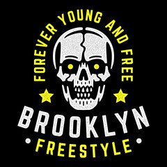 Vintage white skull. Retro print for t-shirt. Brooklyn freestyle.