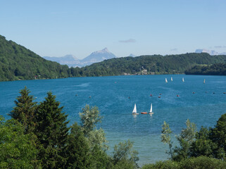 Landscape of the lake in Laffrey with all the possibilities of nautical activities