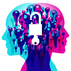 A Male and Female side silhouette profile overlaid with various blending semi-transparent key shapes. Overlaid in the centre is a solid white “OPEN” Padlock with key icon.