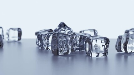 Amazing scene of transparent ice cubes falling in slow motion. Realistic ice cubes falling on silver background. Ice crystals. Sugar crystals. Glass blocks. To cool drinks and cocktails. 3D Render. - Powered by Adobe