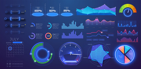 Modern futuristic neon infographic vector template with statistics graphs and finance charts. Information panel Mockup. UI, UX,KIT, HUD elements design. Vector infographics set. Admin