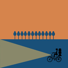 
woman on bicycle, transport and delivery of packages, bicycle light, black silhouette, color background, tree in landscape, minimalist