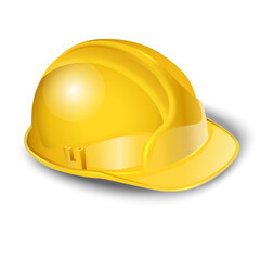 3d realistic vector icon illustration of worker yellow helmet. Isolated on white background. - obrazy, fototapety, plakaty
