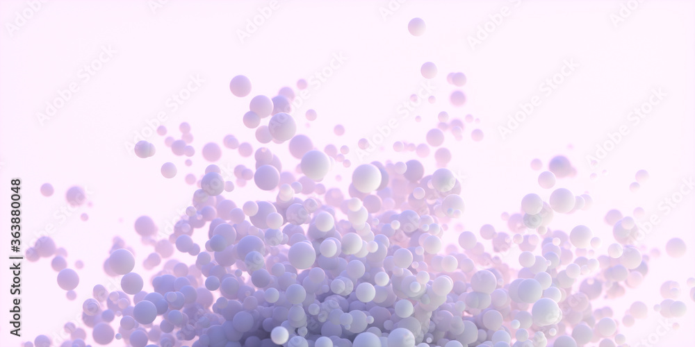 Poster abstract spheres on pink background. flowing cluster of spheres, bubble abstract background with 3d 