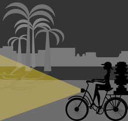 
woman on bicycle, transport and delivery of packages, bicycle light, black silhouette, gray background, landscape