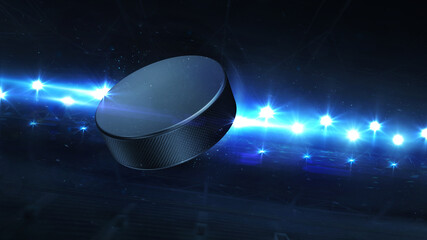 Flying Ice Hockey Puck And Shiny Spotlights Behind. Digital 3D illustration of sport equipment for background use.