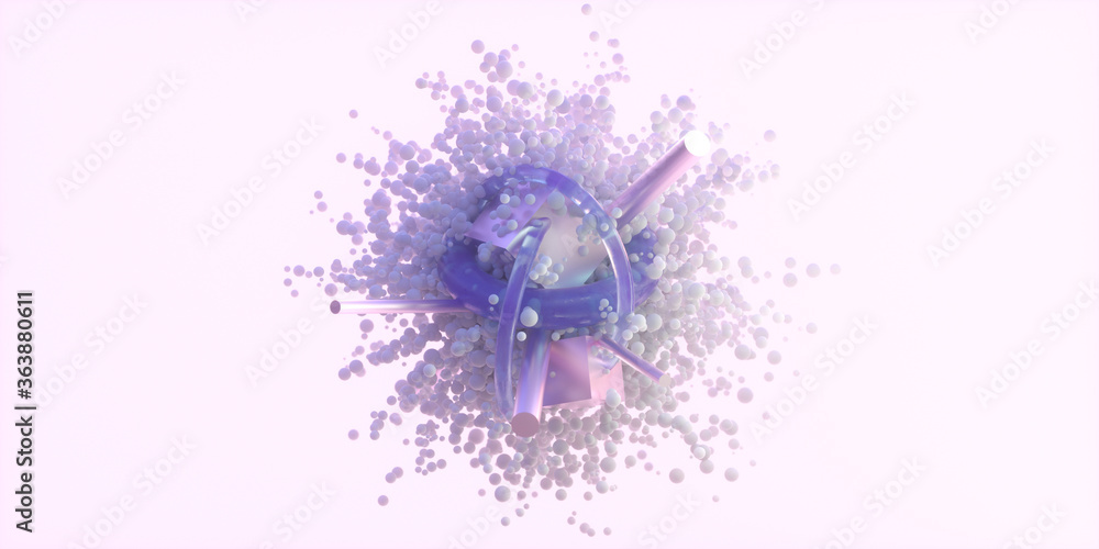 Poster abstract spheres on pink background. flowing cluster of spheres, bubble abstract background with 3d 