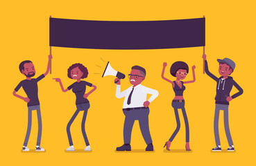 BLM demonstration Black Lives Matter with mock up poster. Activists of political, social movement, African Americans strike for human rights and racial equality. Vector flat style cartoon illustration