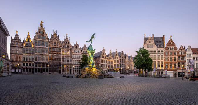 Majestic 'Grote Markt' Square of Antwerp after sunset.