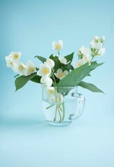 a bouquet of wildflowers, anniversary, beautiful, beauty, bloom, blooming, blossom, blue, blue background, bouquet of small white flowers, breath, bride, bright, closeup, composition, copy space, crys