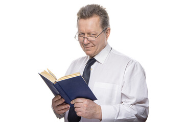 Closeup portrait of senior elderly teacher with glasses holding book, isolated on white background. Education concept