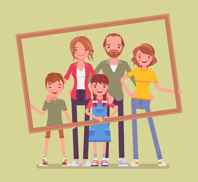 Happy family portrait. Father, mother, son and daughter, teen posing in one picture frame together. Positive friendly smiling people in love, home harmony. Vector flat style cartoon illustration