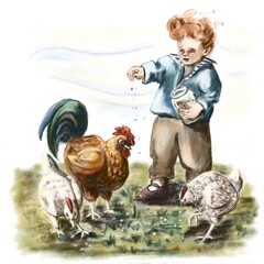 A little red haired boy is feeding chickens. Digital painting 