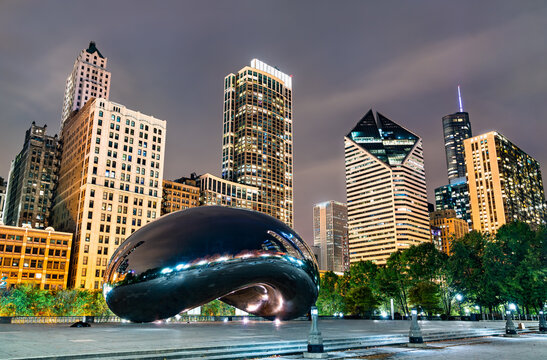 Chicago, United States - November 3, 2019: Cloud Gate, a public sculpture at Millennium Park in the Loop community area of Chicago