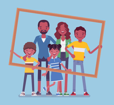 Happy black family portrait. Father, mother, son and daughter, teen posing in one picture frame together. Positive friendly smiling people in love, home harmony. Vector flat style cartoon illustration