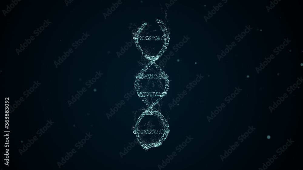 Poster abstract glittering dna helix with depth of field over dark space background.