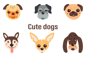 Set of cute dogs. Vector illustration on a white isolated background