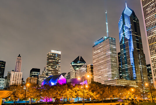 Night Cityscape Of Chicago At Millennium Park In Illinois - United States