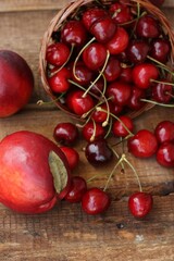 Juicy nectarines and cherries on the table