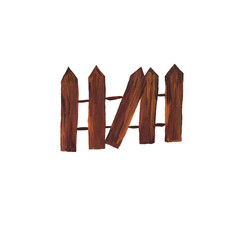 Wooden brown fence. Isolate on a big background. Watercolor illustration.