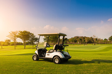 Golf cart on golf course, parking on fairway. Equipment and golf club bag are put in ready for golfer to player in field with sunlight rays background © APstudio
