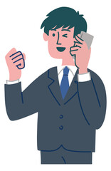 スーツ　男性　若い　携帯電話　ガッツポーズ

