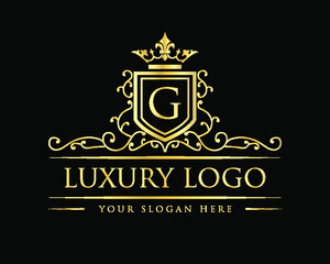 Ornamental Gold luxury vintage monogram floral decorative logo design with crown 