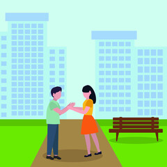 A guy and a girl. A man holds a girl by the waist against the background of the city. He holds her in his arms. Love story. Cute vector flat illustration.