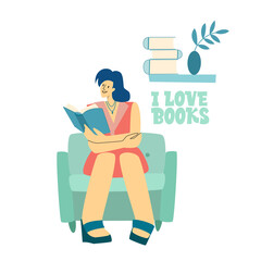 A woman is reading a book. I love books. Set of book lovers, readers, modern literature fans isolated on white background. Flat cartoon vector illustration.