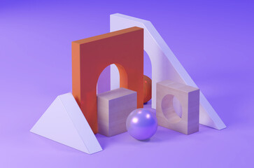 3d rendering of an abstract composition. Minimalistic geometric shapes in empty space and objects of different shapes. Visualization of matte and shiny geometric shapes on a uniform background.