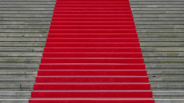 Walking up red carpet over concrete stairs