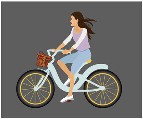 Fototapeta na wymiar Summer flat illustration of a girl on a bicycle isolated on a dark background. Retro bike with a basket.