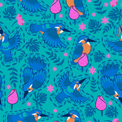 Kingfisher seamless pattern on a green background. Vector graphics.