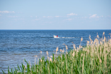 Person driving a boat on the lake