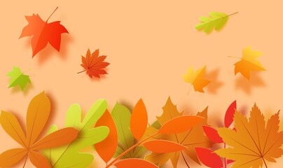 Autumn background in cut paper style. Papercut falling leaves autumn wallpaper. Autumn leaf is cut out of cardboard in green, yellow and orange. Vector card illustration for Thanksgiving day holiday
