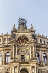 Architectural fragments of Opera House (The Semperoper) - the Saxon State Opera Dresden, Germany. Building (1841) located near the Elbe River in the historic centre of Dresden