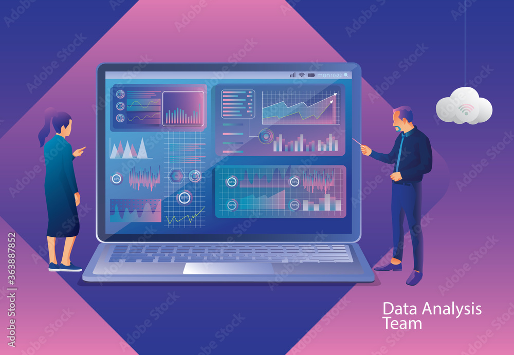 Aufkleber concept of digital technology. businessman and businesswoman standing in front of the monitor and lo
