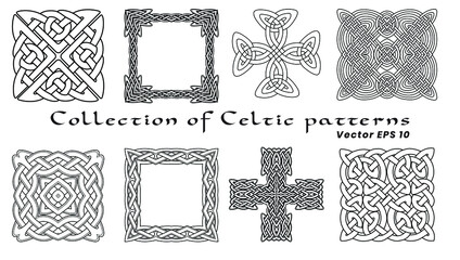 Collection of Celtic patterns on a white background. Isolated. A set of eight patterns. Black and white image.