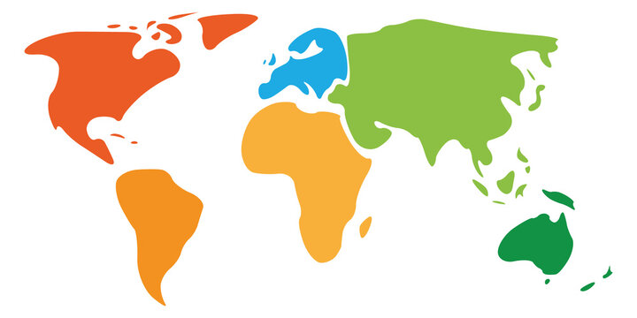 Multicolored world map divided to six continents in different colors - North America, South America, Africa, Europe, Asia and Australia. Simplified smooth silhouette vector map