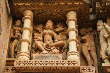 Close up of artful carved walls, Ancient reliefs at famous erotic temple in Khajuraho, Madhya...