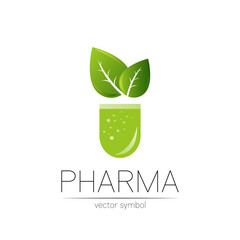 Pharmacy vector symbol with green leaf for pharmacist, pharma store, doctor and medicine. Modern design vector logo on white background. Pharmaceutical icon logotype tablet pill capsule. Health