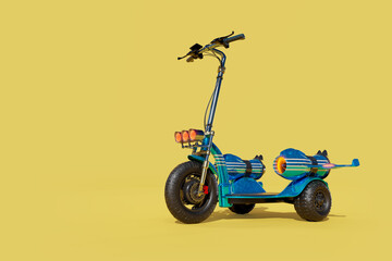 3d rendering of the blue three wheels electric scooter with a turbojet engine and wing on pale yellow background. © icestylecg