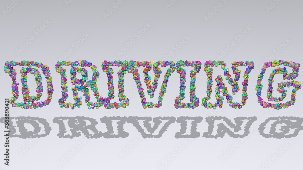 Poster driving: 3d illustration of the text made of small objects over a white background with shadows. car