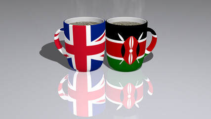 united-kingdom kenya placed on a cup of hot coffee in a 3D illustration mirrored on the floor with a realistic perspective and shadows