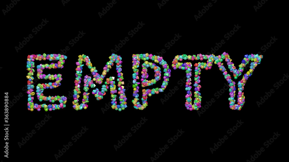 Poster colorful 3d writing of empty text with small objects over a dark background and matching shadow. ill